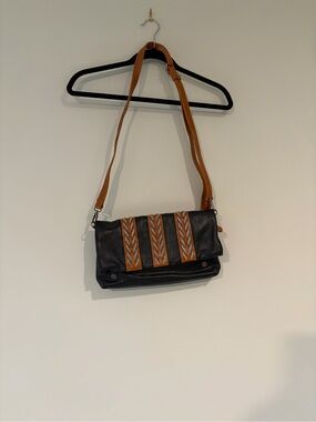 Big Buddha Black and Tan Crossbody Bag with Braided Accent Strips